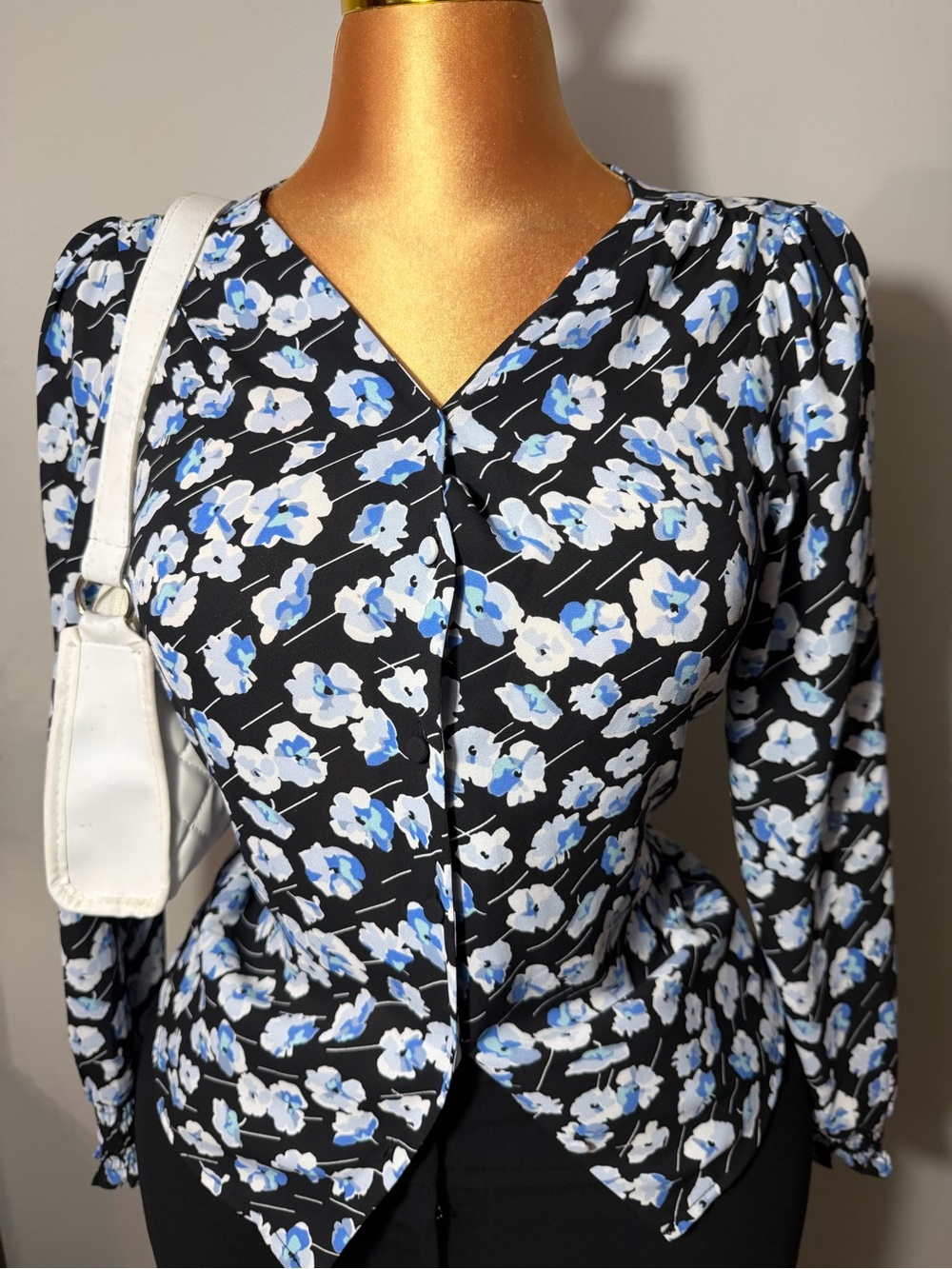 J. Crew Black Floral V-Neck Long Sleeve Dress Top - Blue & White Flowers